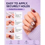 Nude‑Grey Wine‑Red French Almond Press‑On Nails, Sweet Cool False Nails with 3D White Bow & Red Heart Rhinestones